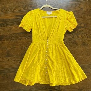 Cleobella yellow Kaia mini dress, v neck hook and eye missing